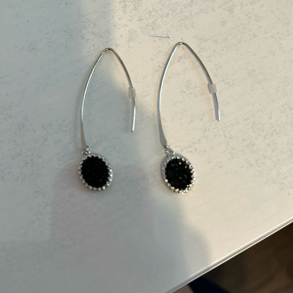 Beautiful Drop Earrings With Black Druzy-Like Stones